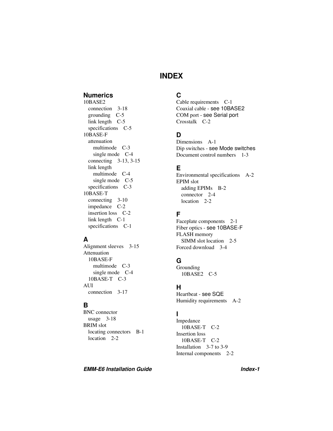 Cabletron Systems EMM-E6 manual Index, Numerics 