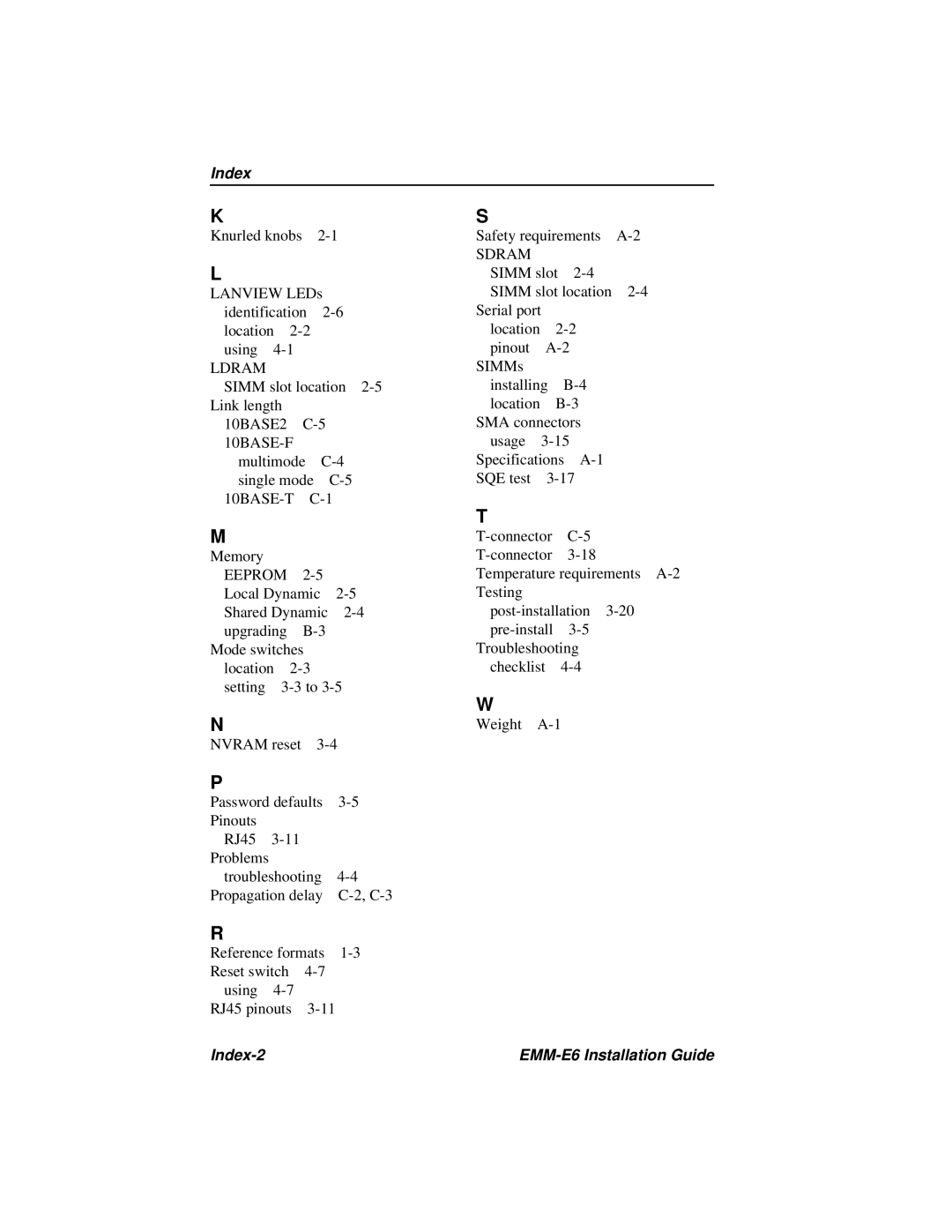 Cabletron Systems manual Index-2 EMM-E6 Installation Guide 