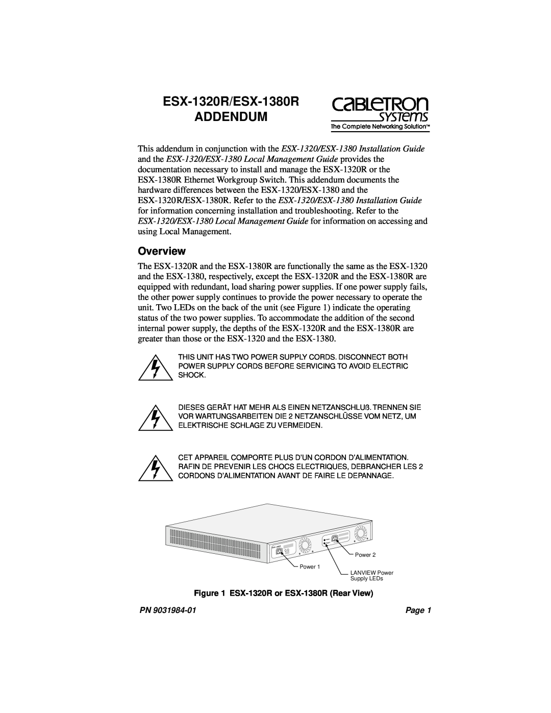 Cabletron Systems manual Overview, ESX-1320R/ESX-1380R ADDENDUM 