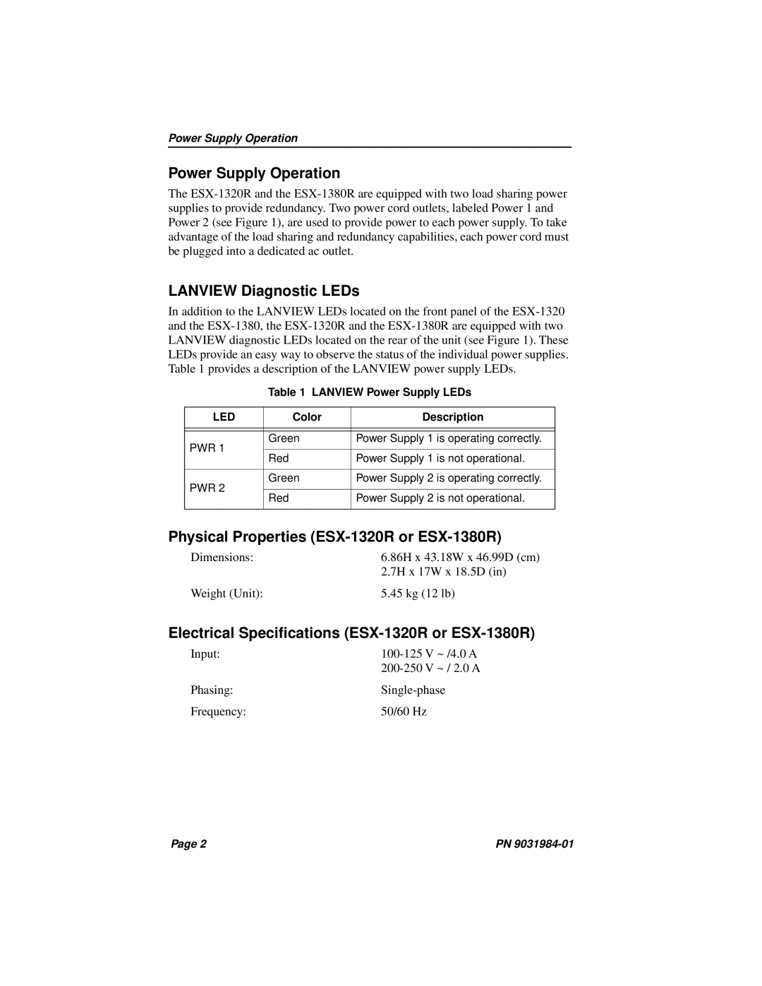 Cabletron Systems Power Supply Operation, Lanview Diagnostic LEDs, Physical Properties ESX-1320R or ESX-1380R, Led 