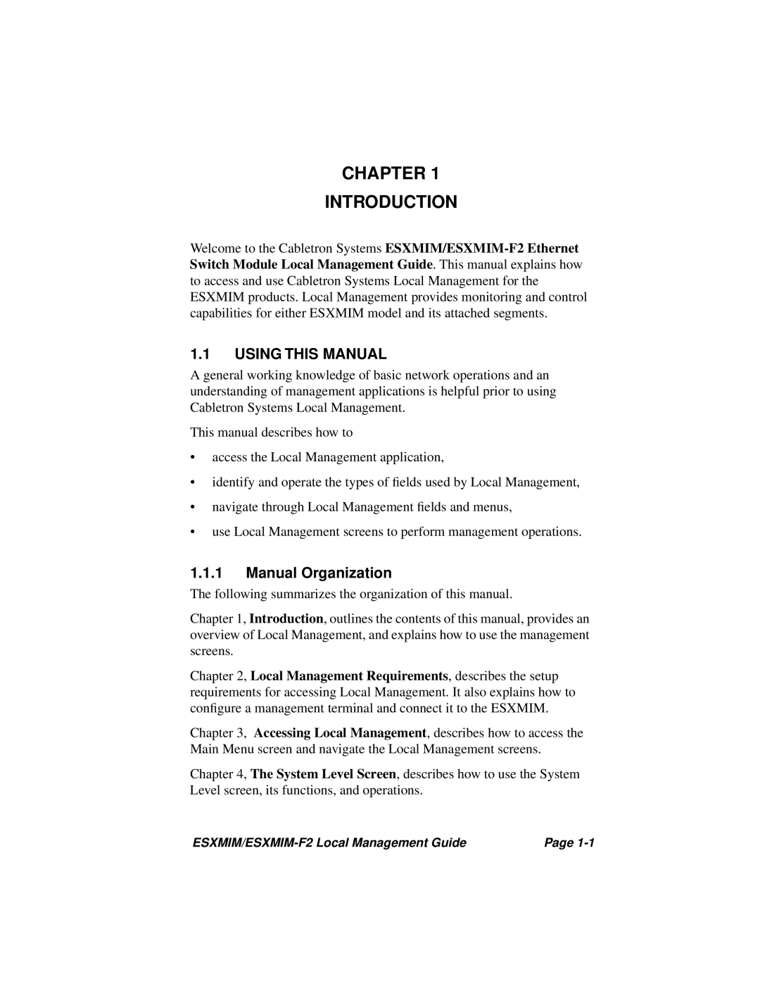 Cabletron Systems ESXMIM-F2 manual Chapter Introduction, Using this Manual, Manual Organization 