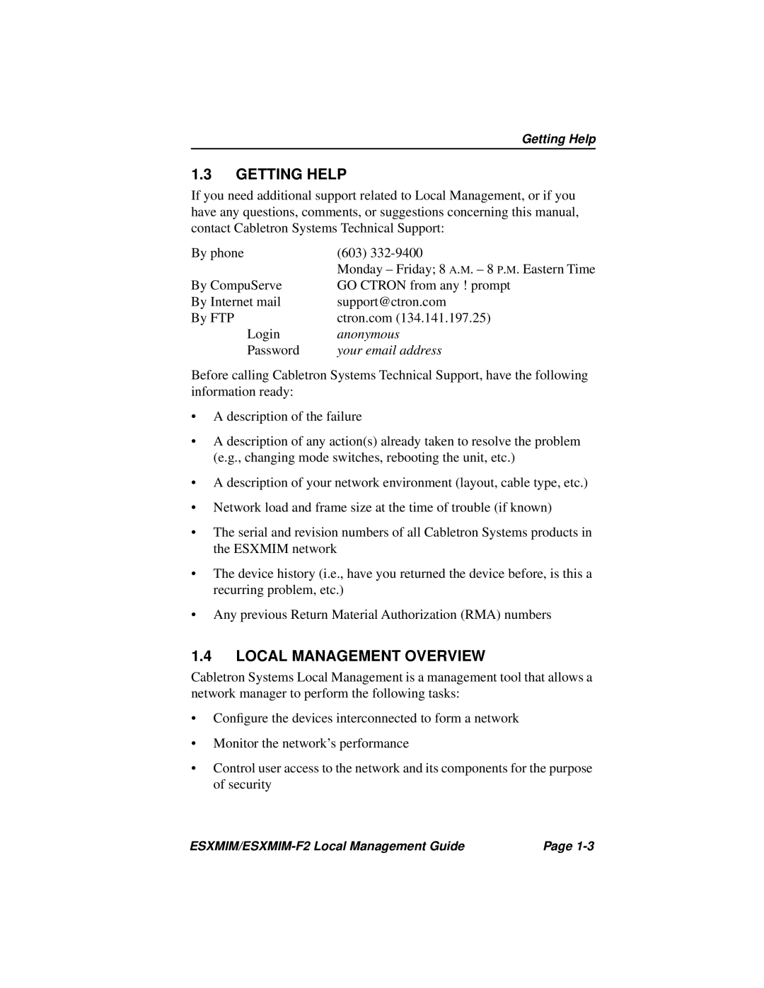 Cabletron Systems ESXMIM-F2 manual Getting Help, Local Management Overview 