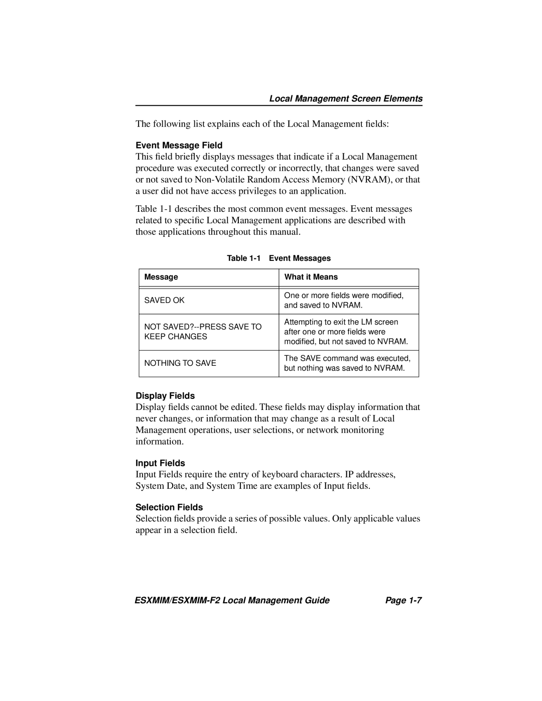 Cabletron Systems ESXMIM-F2 manual Following list explains each of the Local Management ﬁelds 