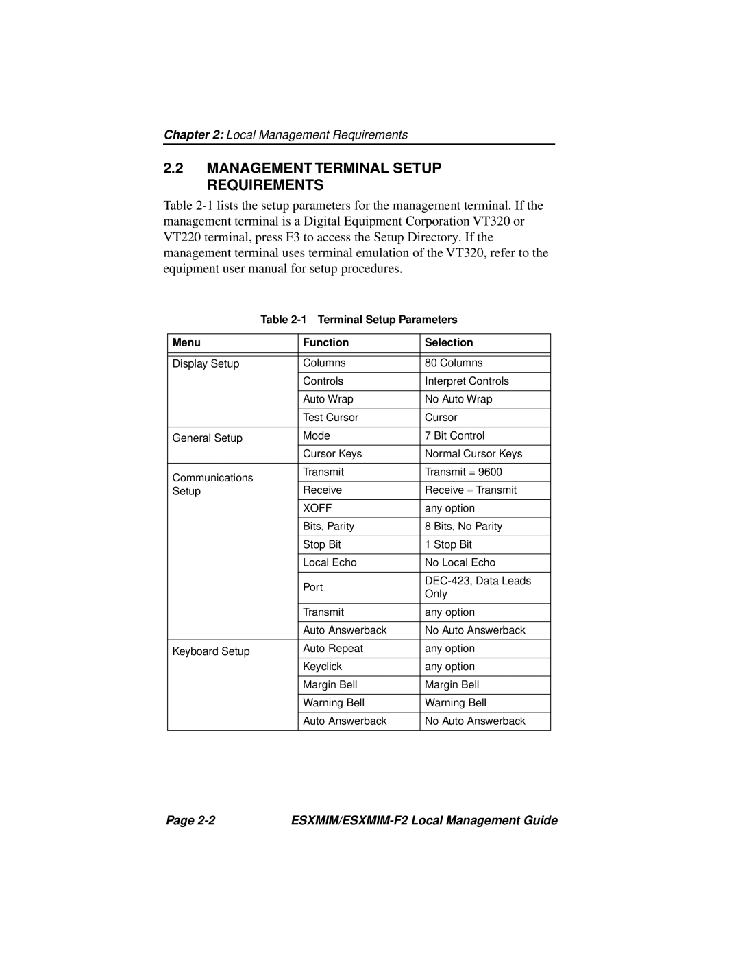 Cabletron Systems ESXMIM-F2 Management Terminal Setup Requirements, Terminal Setup Parameters Menu Function Selection 