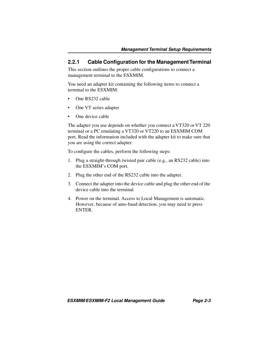 Cabletron Systems ESXMIM-F2 manual Cable Conﬁguration for the Management Terminal 