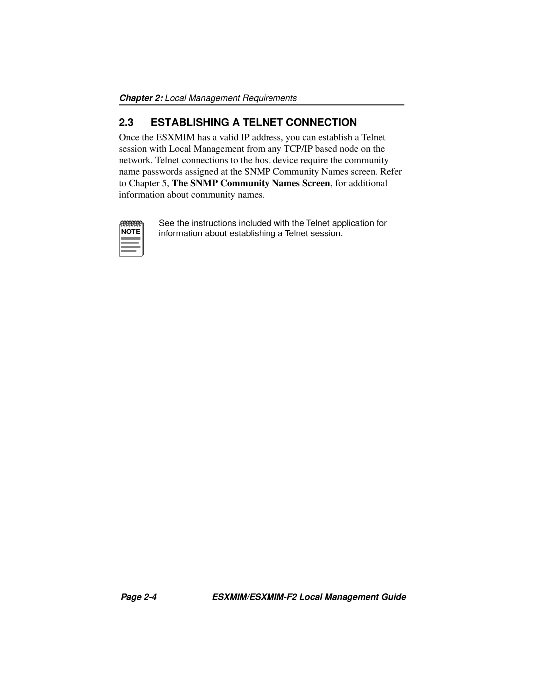 Cabletron Systems ESXMIM-F2 manual Establishing a Telnet Connection 