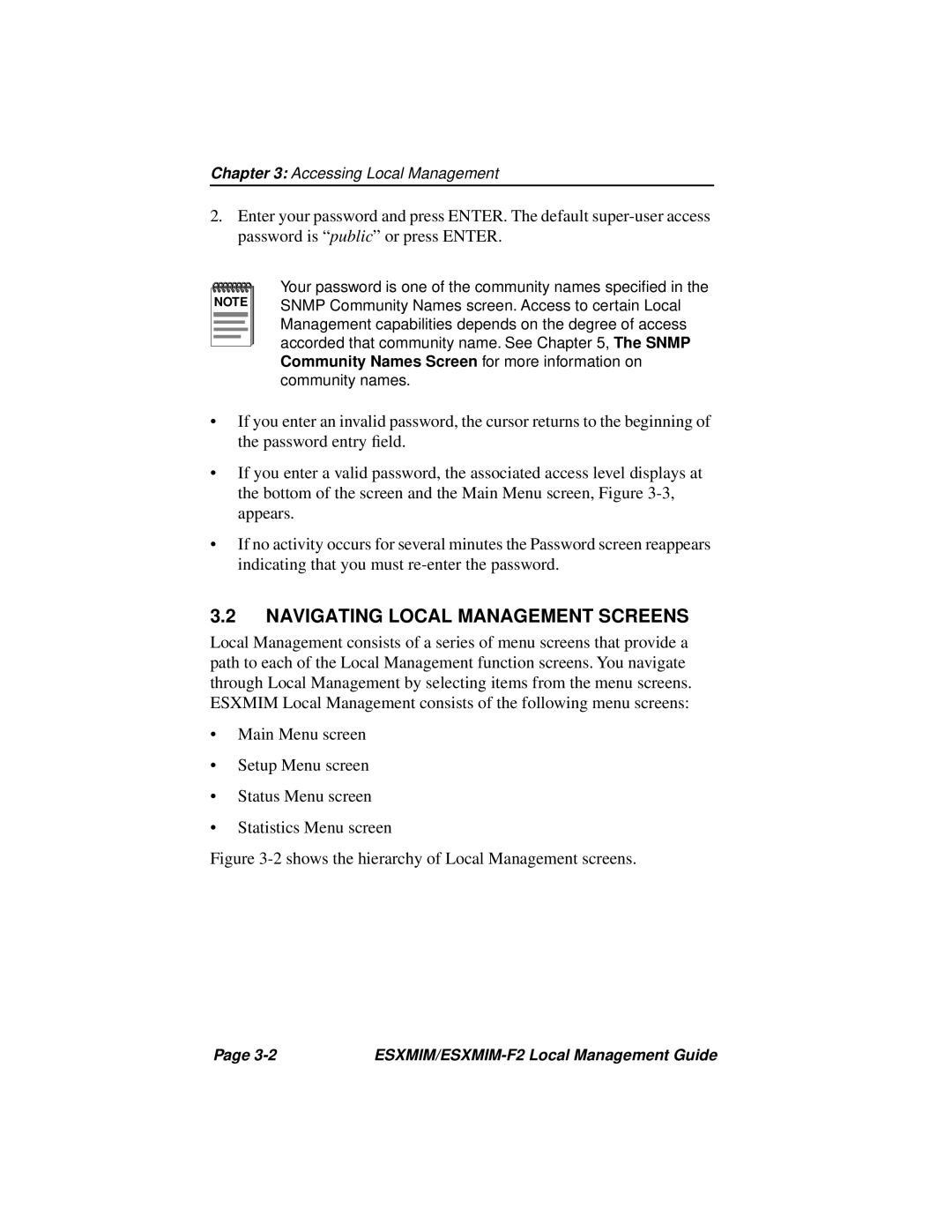 Cabletron Systems ESXMIM-F2 manual Shows the hierarchy of Local Management screens 