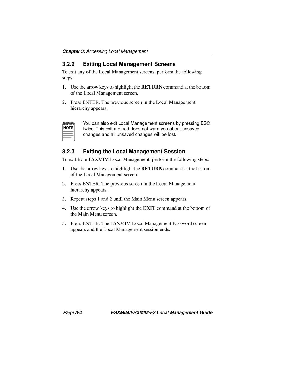 Cabletron Systems ESXMIM-F2 manual Exiting Local Management Screens, Exiting the Local Management Session 