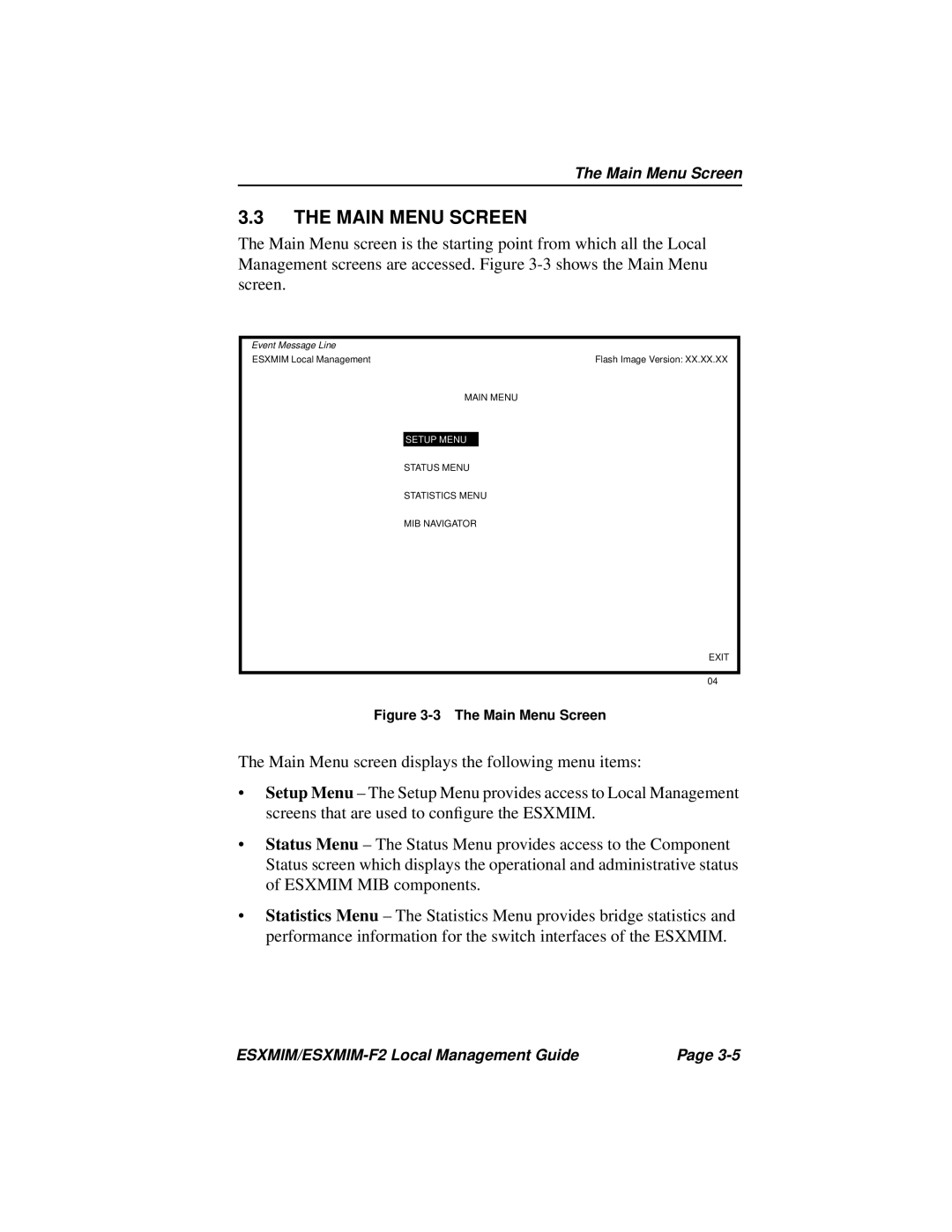 Cabletron Systems ESXMIM-F2 manual Main Menu Screen, Event Message Line 