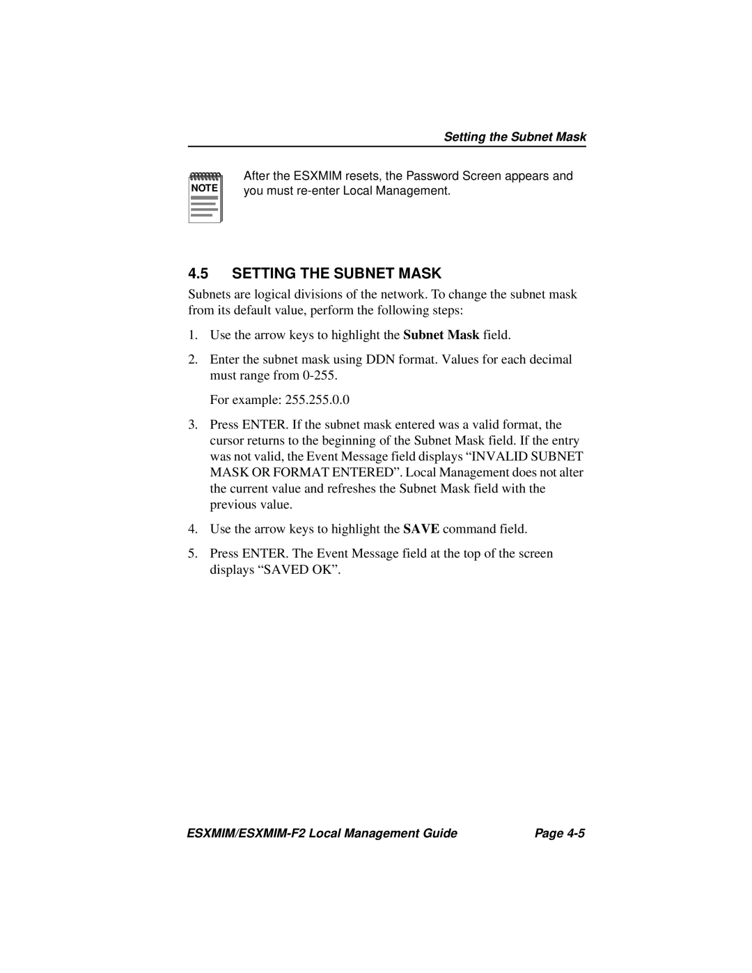 Cabletron Systems ESXMIM-F2 manual Setting the Subnet Mask 