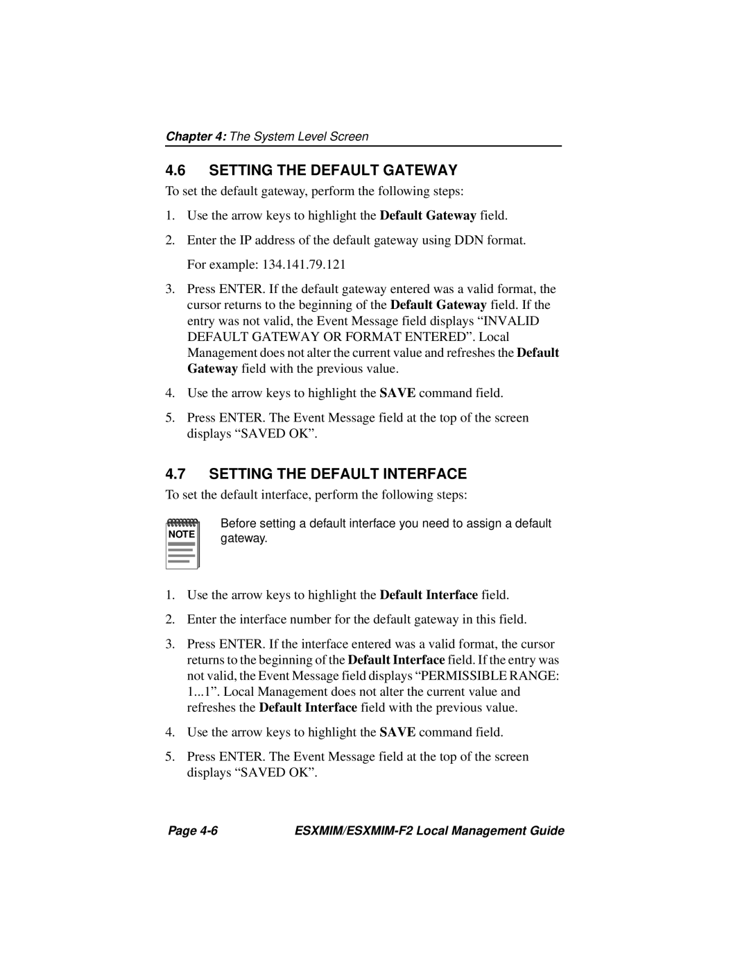 Cabletron Systems ESXMIM-F2 manual Setting the Default Gateway, Setting the Default Interface 