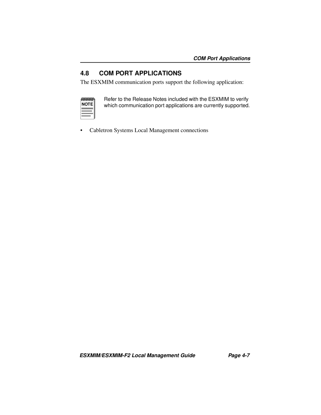 Cabletron Systems ESXMIM-F2 manual COM Port Applications, Cabletron Systems Local Management connections 