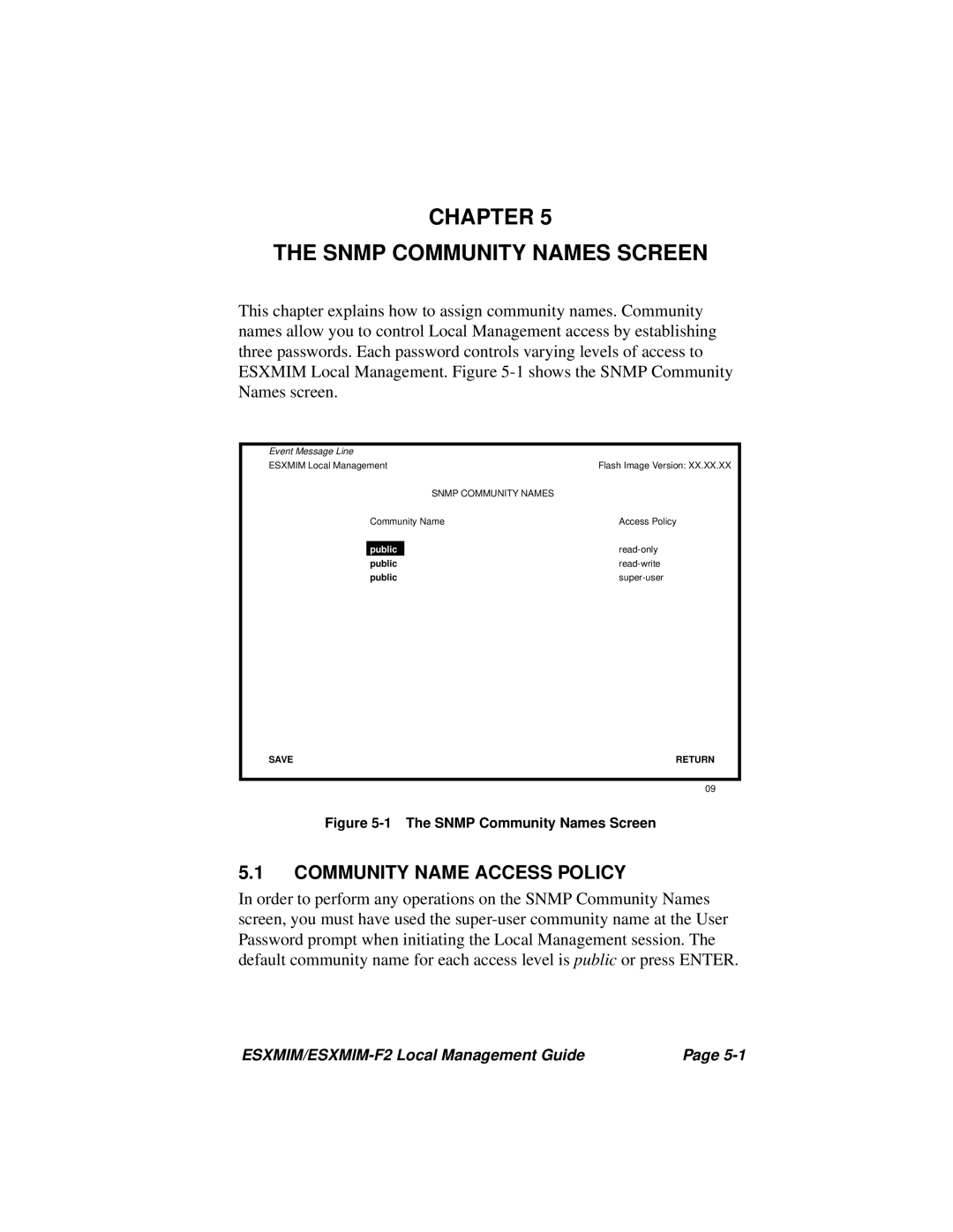 Cabletron Systems ESXMIM-F2 manual Chapter Snmp Community Names Screen, Community Name Access Policy 