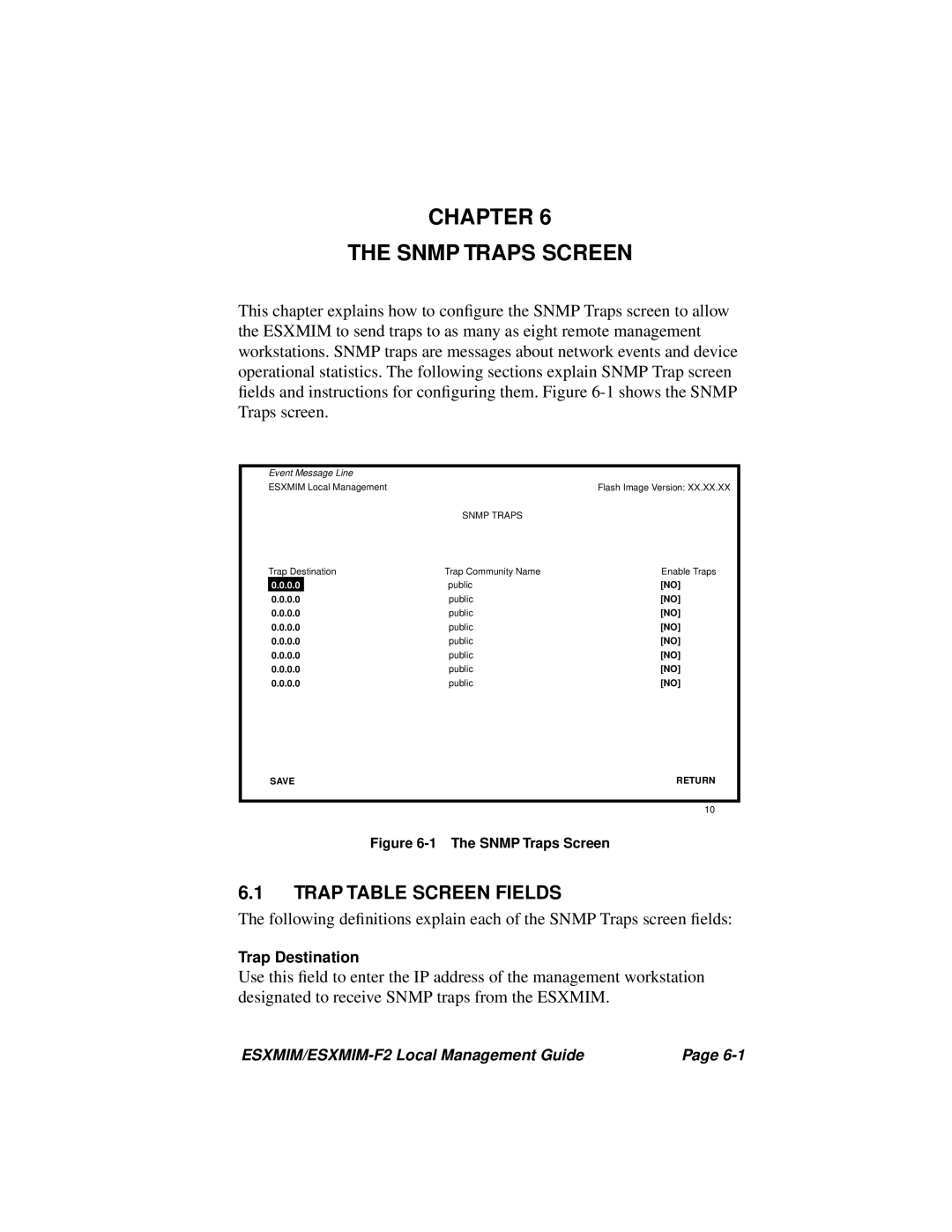 Cabletron Systems ESXMIM-F2 manual Chapter Snmp Traps Screen, Trap Table Screen Fields 