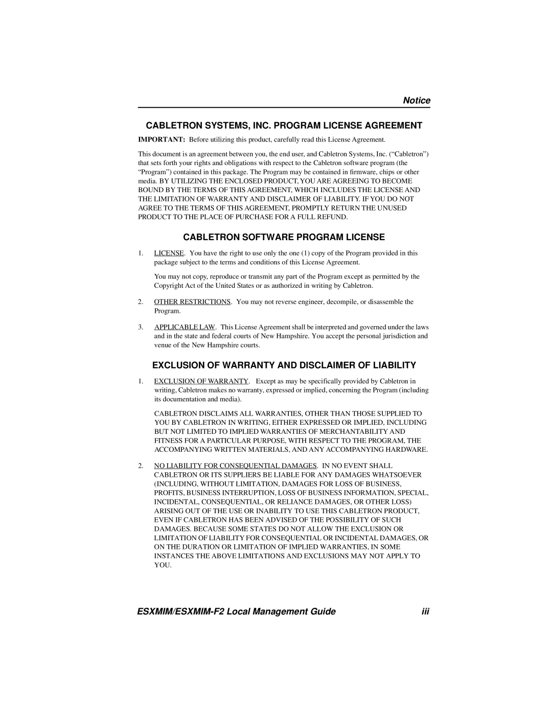 Cabletron Systems ESXMIM-F2 manual Cabletron SYSTEMS, INC. Program License Agreement 