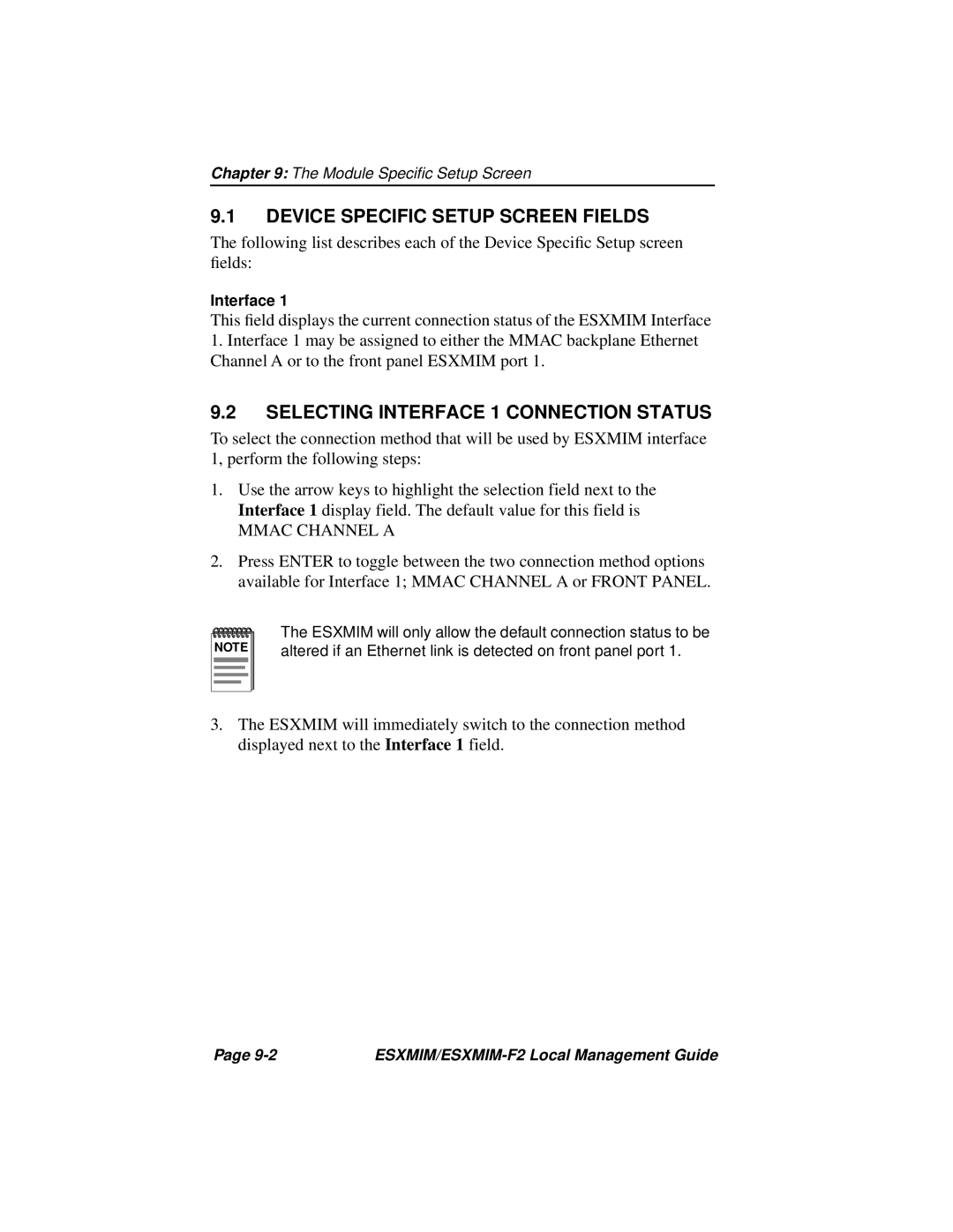 Cabletron Systems ESXMIM-F2 manual Device Specific Setup Screen Fields, Selecting Interface 1 Connection Status 