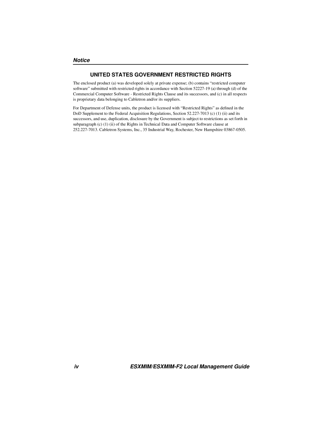 Cabletron Systems ESXMIM-F2 manual United States Government Restricted Rights 