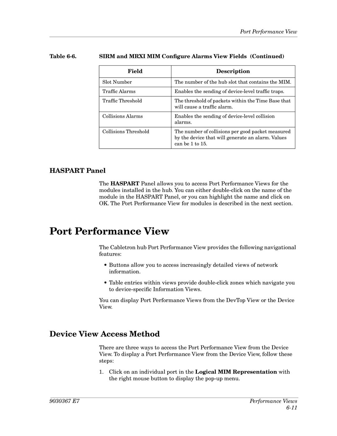 Cabletron Systems Ethernet Hubs manual Port Performance View, Device View Access Method 