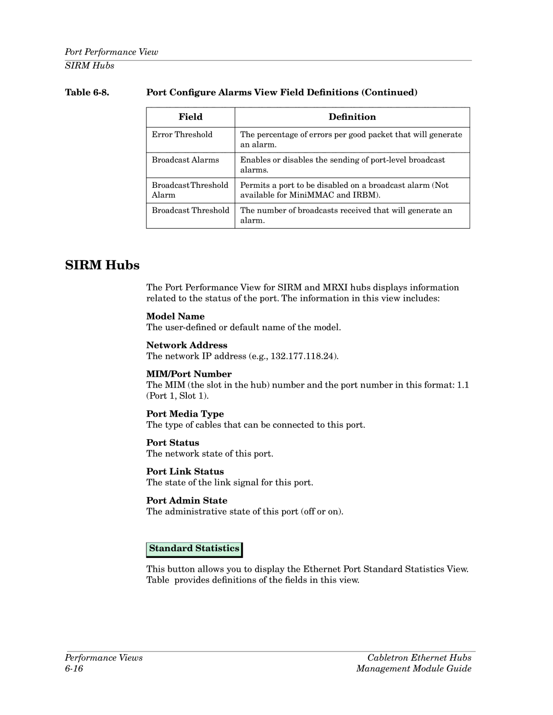 Cabletron Systems Ethernet Hubs manual Port Performance View Sirm Hubs, MIM/Port Number, Port Media Type, Port Link Status 