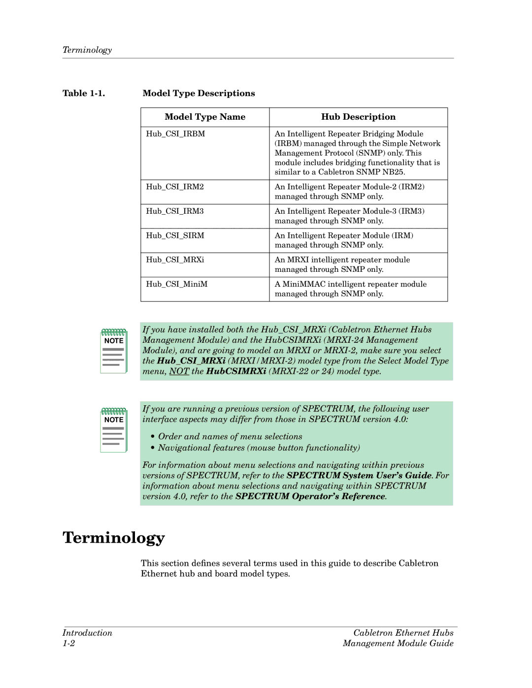 Cabletron Systems Ethernet Hubs manual Terminology, Model Type Descriptions Model Type Name Hub Description 