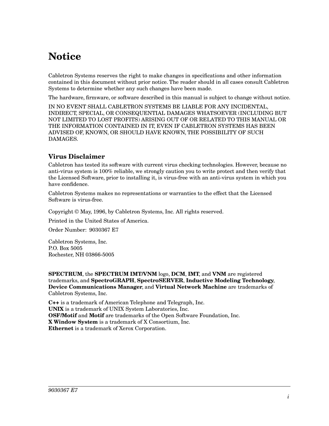 Cabletron Systems Ethernet Hubs manual Virus Disclaimer, 9030367 E7 