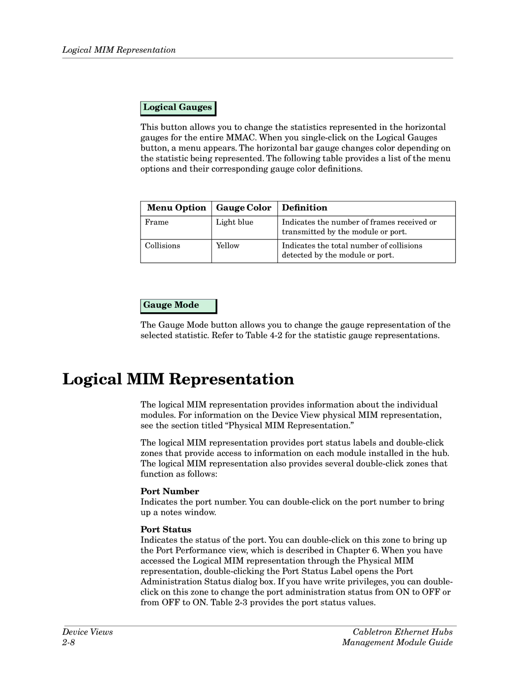 Cabletron Systems Ethernet Hubs Logical MIM Representation, Menu Option Gauge Color Deﬁnition, Port Number, Port Status 