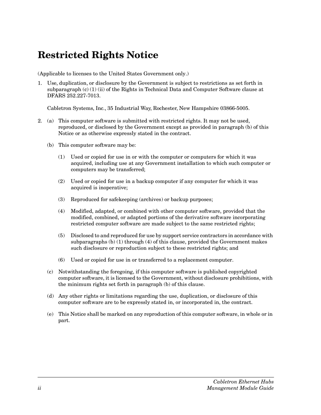 Cabletron Systems manual Restricted Rights Notice, Cabletron Ethernet Hubs, Management Module Guide 