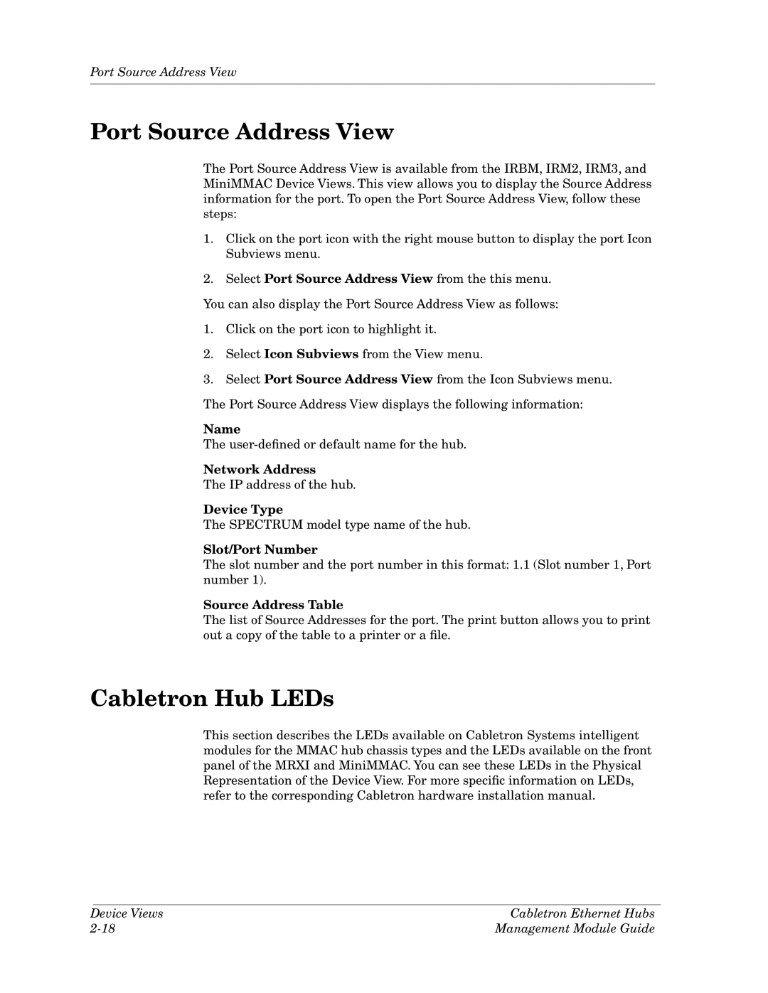 Cabletron Systems Ethernet Hubs manual Port Source Address View, Cabletron Hub LEDs, Network Address, Slot/Port Number 