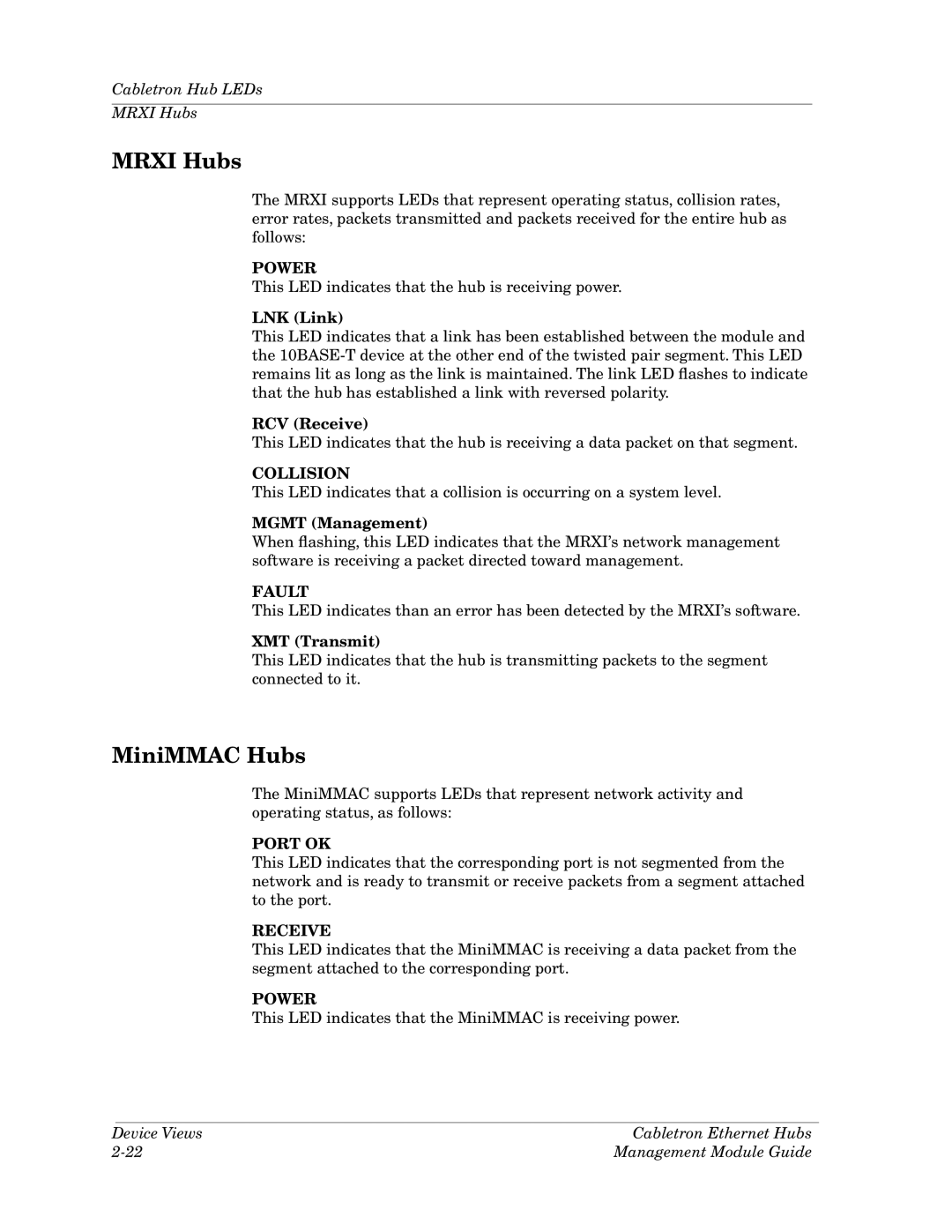 Cabletron Systems Ethernet Hubs manual Mrxi Hubs, MiniMMAC Hubs, RCV Receive, Mgmt Management, XMT Transmit 