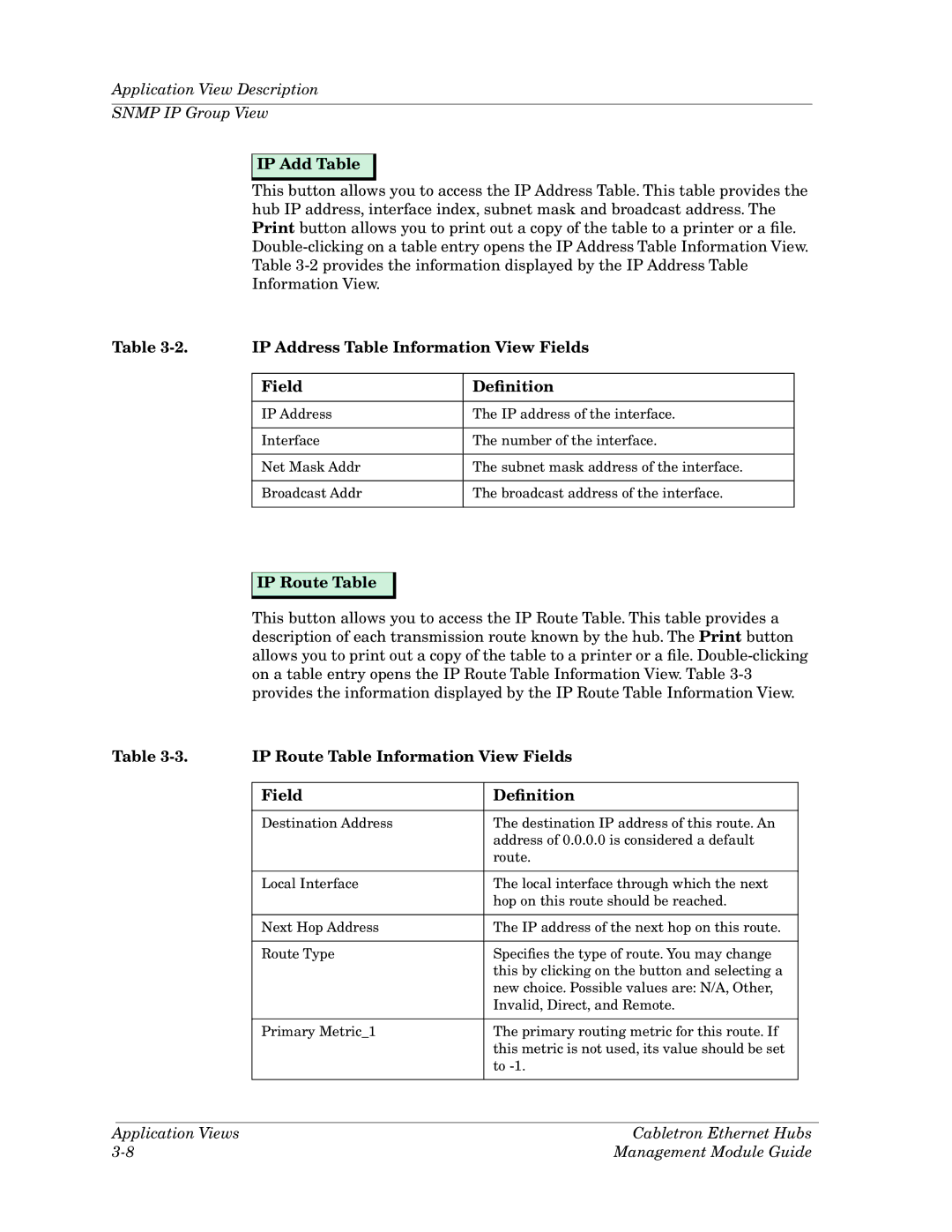 Cabletron Systems Ethernet Hubs manual IP Add Table, IP Address Table Information View Fields, IP Route Table 