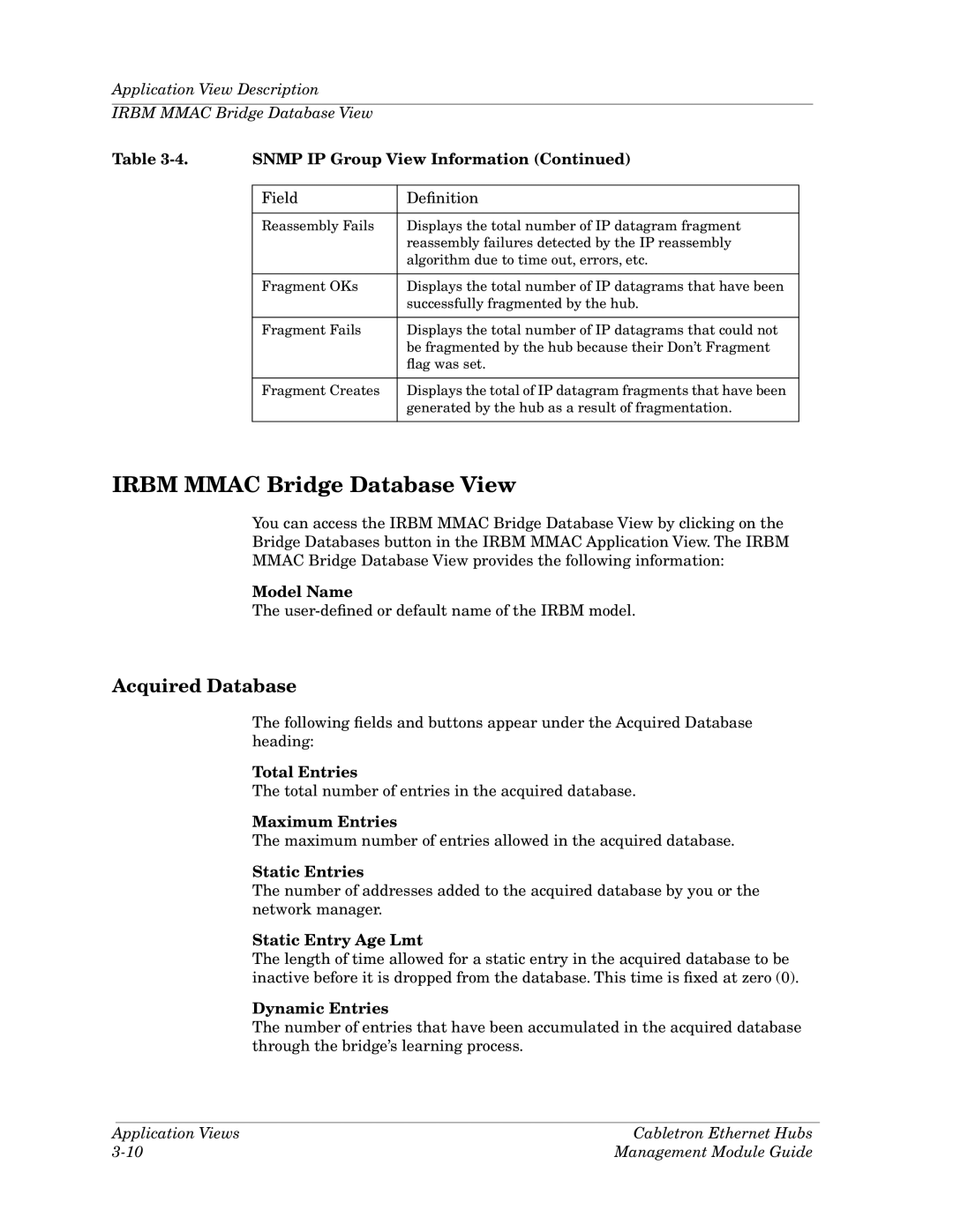 Cabletron Systems Ethernet Hubs manual Irbm Mmac Bridge Database View 