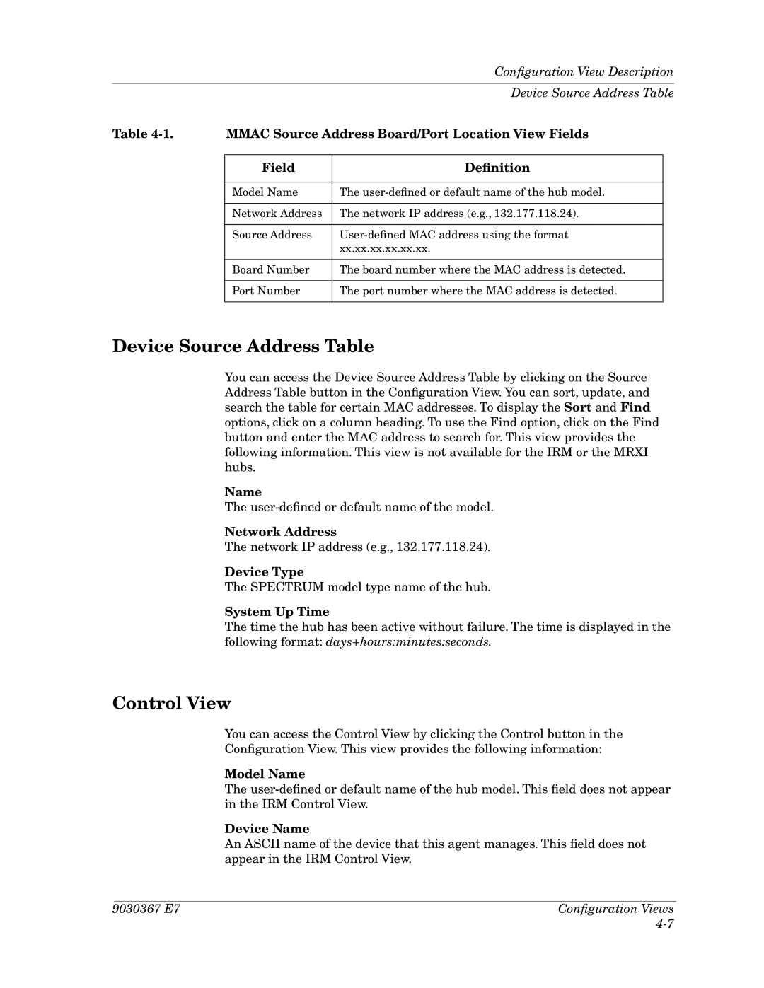 Cabletron Systems Ethernet Hubs manual Device Source Address Table, Control View 