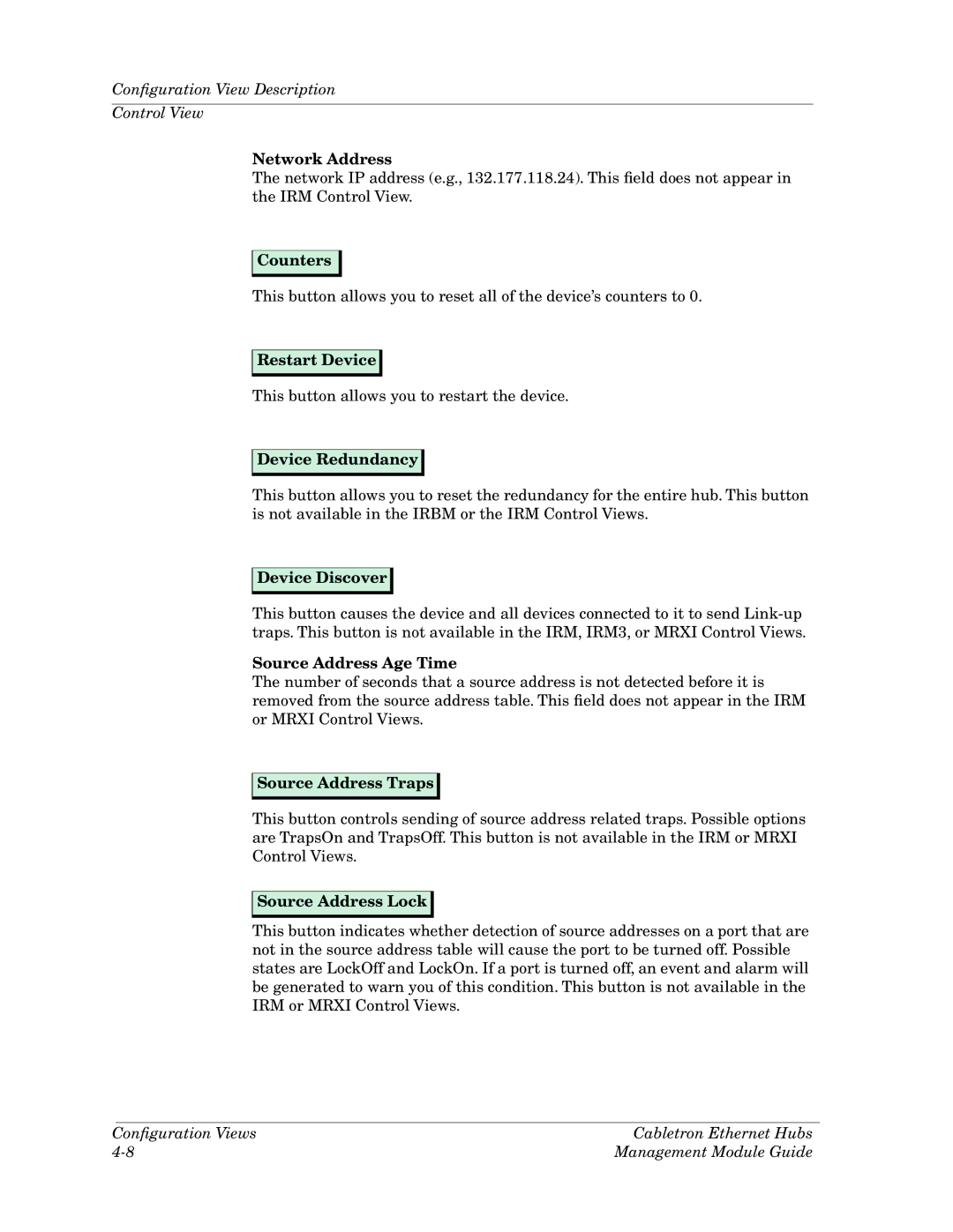 Cabletron Systems Ethernet Hubs Counters, Restart Device, Device Redundancy, Device Discover, Source Address Age Time 