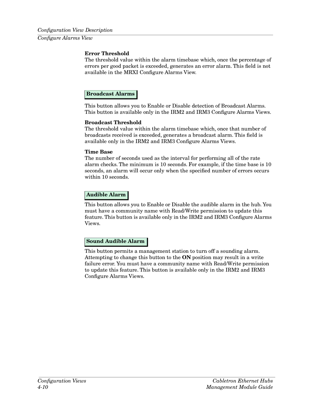 Cabletron Systems Ethernet Hubs manual Error Threshold, Broadcast Alarms, Broadcast Threshold, Time Base, Audible Alarm 