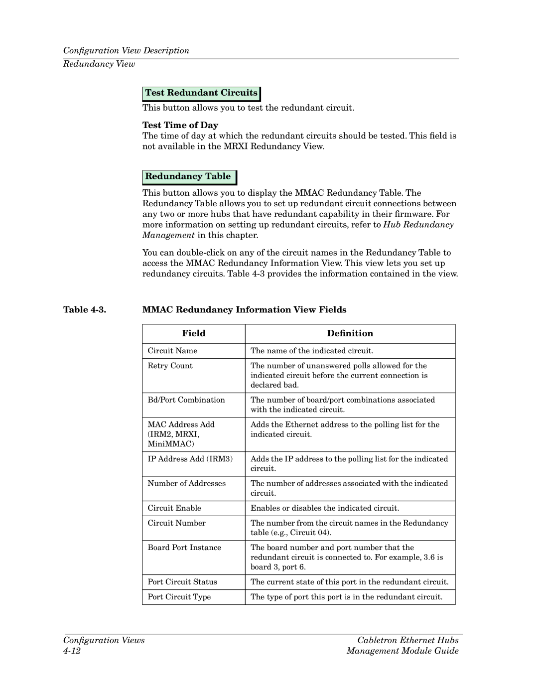 Cabletron Systems Ethernet Hubs manual Test Redundant Circuits, Test Time of Day, Redundancy Table 