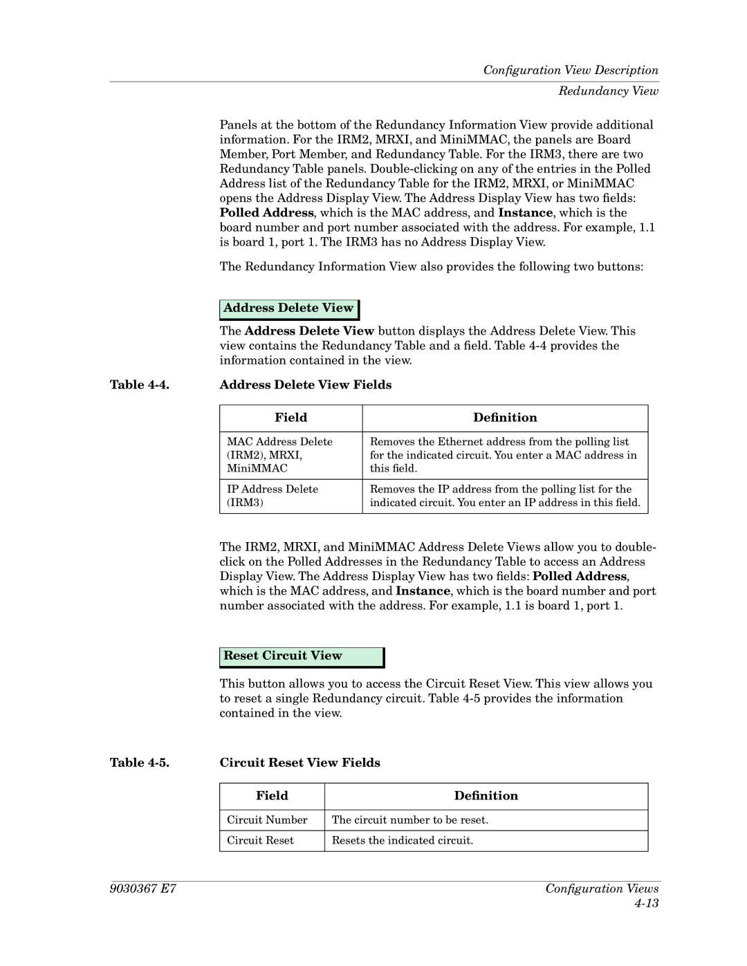 Cabletron Systems Ethernet Hubs manual Address Delete View Fields Deﬁnition, Reset Circuit View 