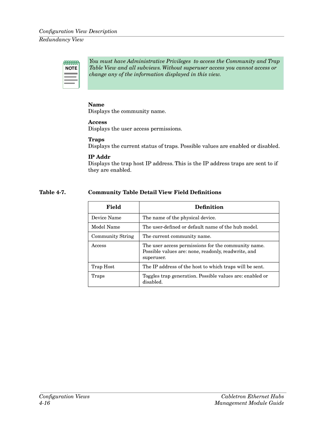 Cabletron Systems Ethernet Hubs manual Access, Traps, IP Addr, Community Table Detail View Field Deﬁnitions 