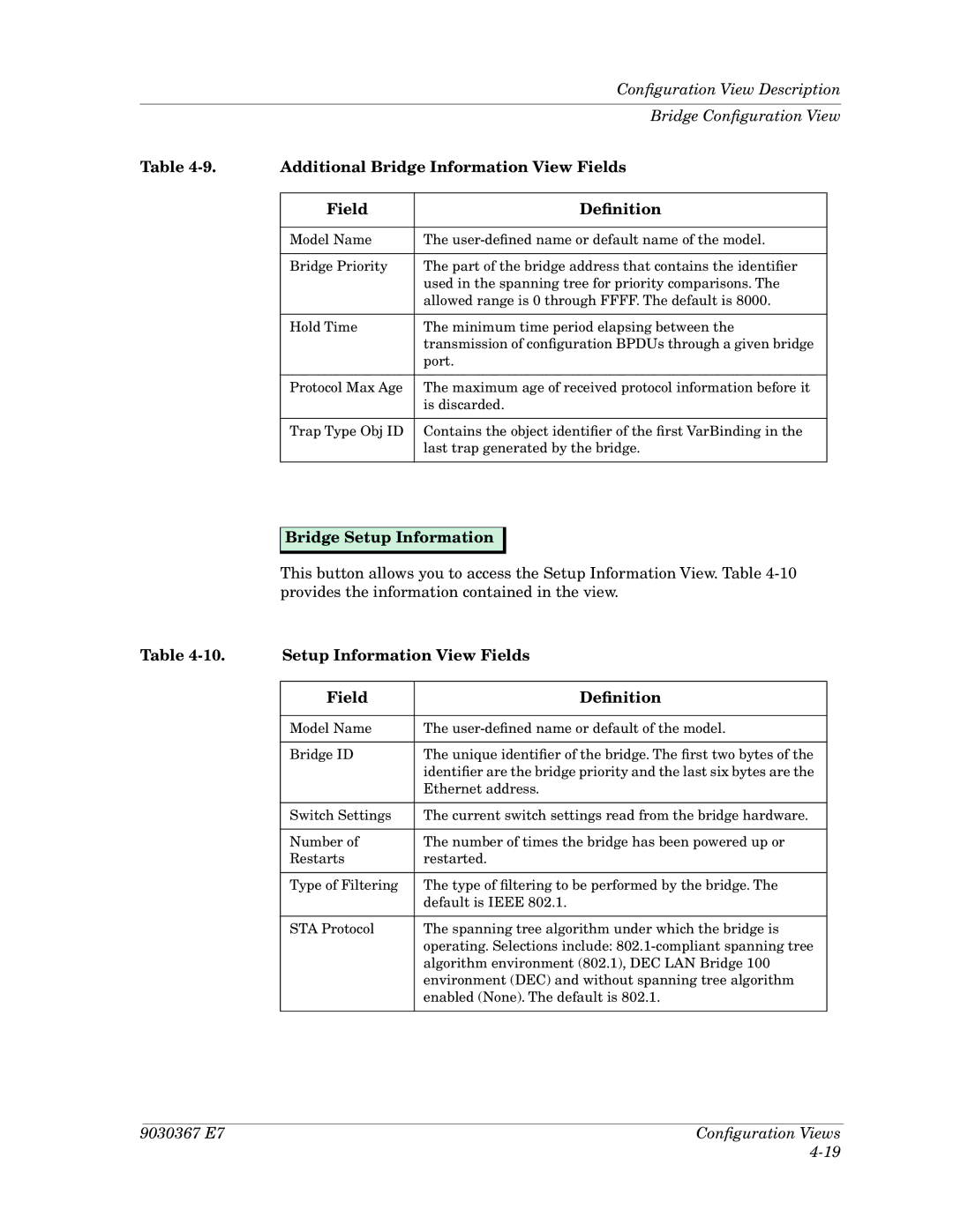 Cabletron Systems Ethernet Hubs manual Additional Bridge Information View Fields, Bridge Setup Information 