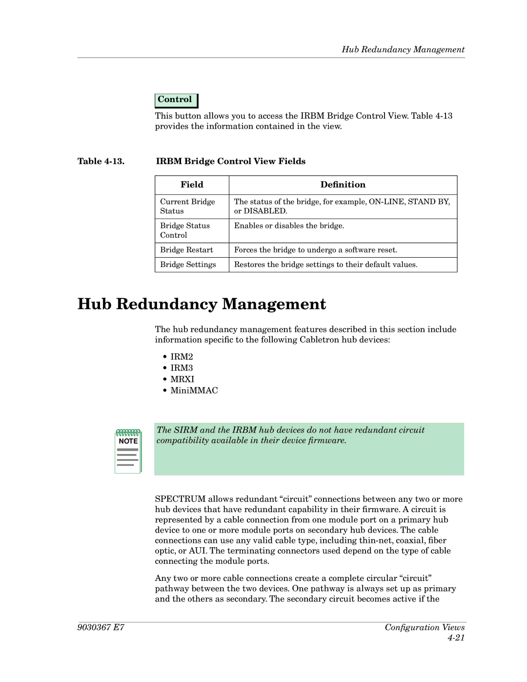 Cabletron Systems Ethernet Hubs manual Hub Redundancy Management, Irbm Bridge Control View Fields Deﬁnition 