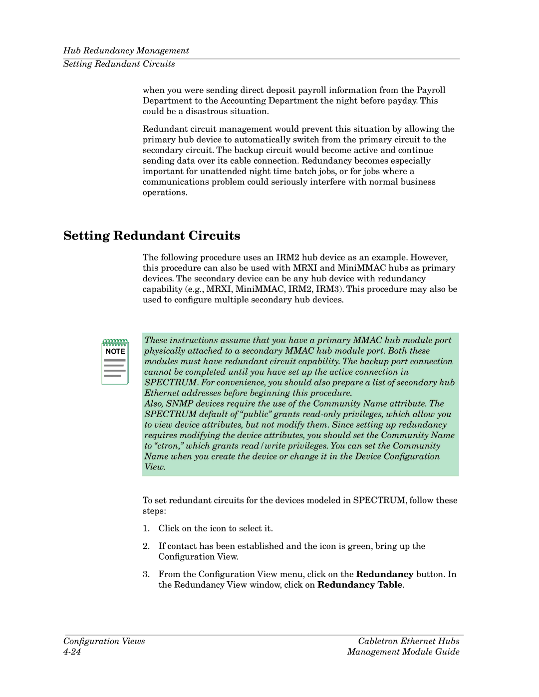 Cabletron Systems Ethernet Hubs manual Hub Redundancy Management Setting Redundant Circuits 