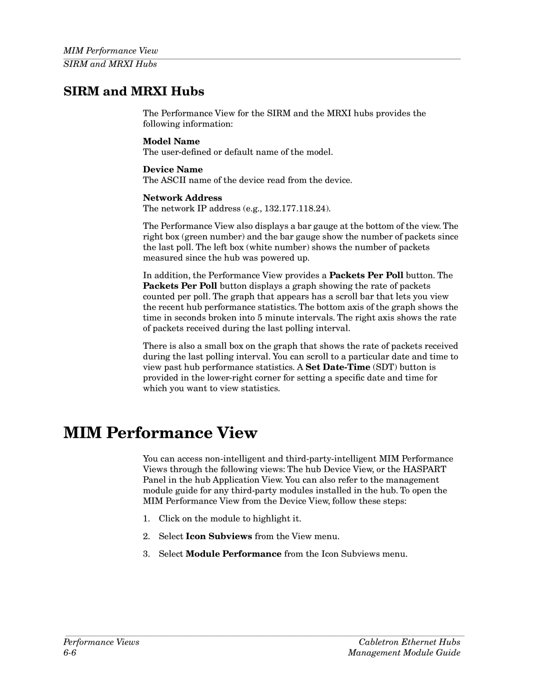 Cabletron Systems Ethernet Hubs manual MIM Performance View Sirm and Mrxi Hubs 