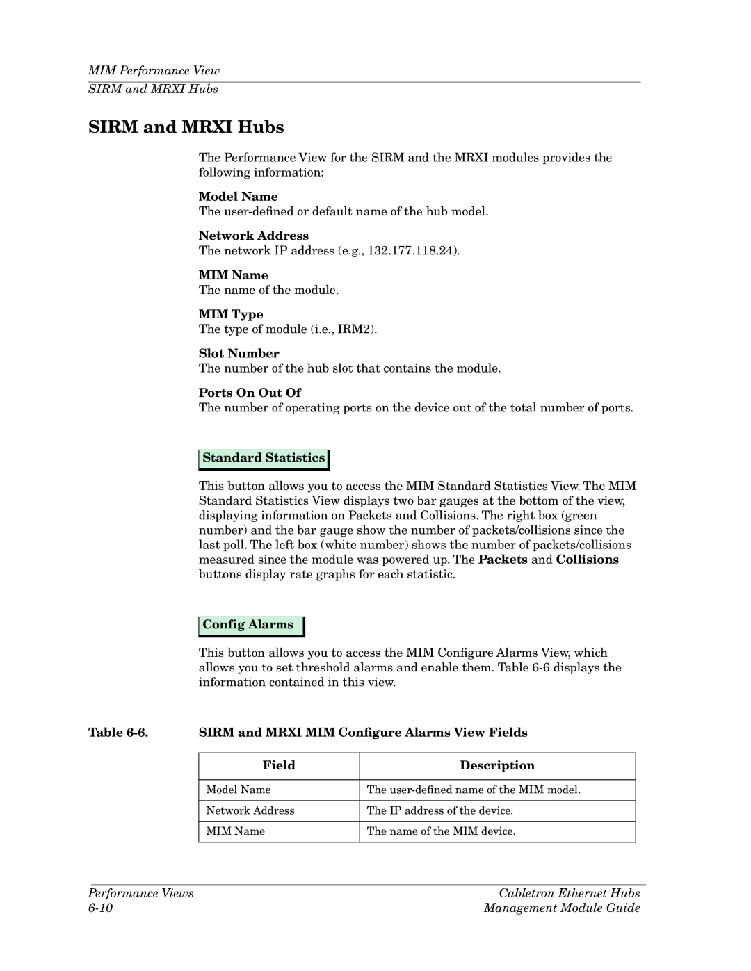 Cabletron Systems Ethernet Hubs manual MIM Name, MIM Type, Standard Statistics, Config Alarms 