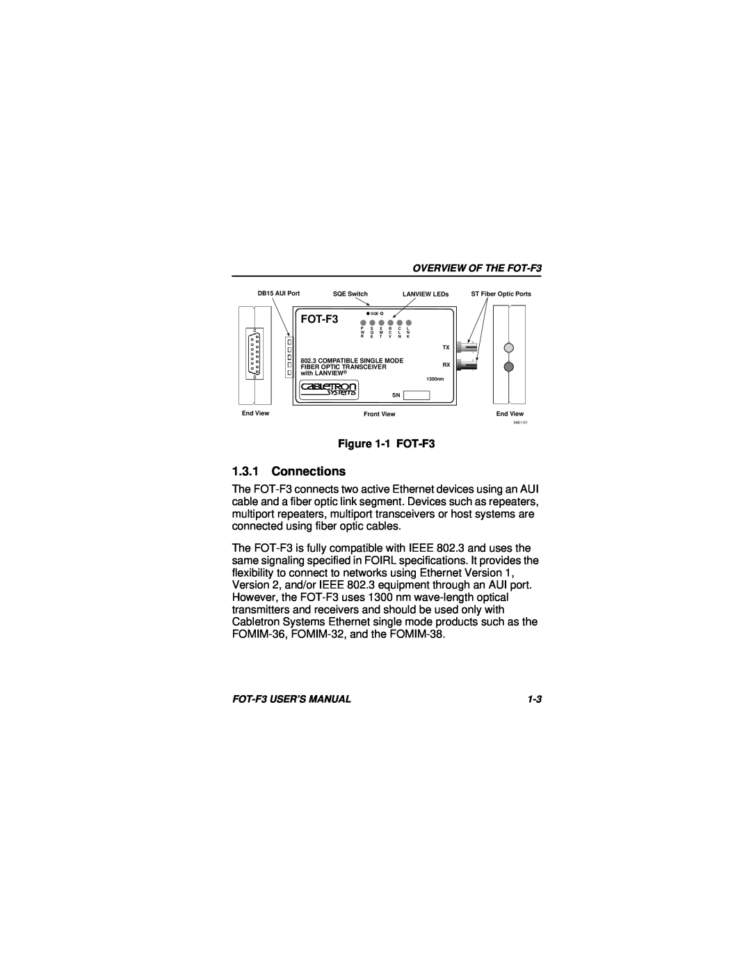Cabletron Systems user manual Connections, 1 FOT-F3 