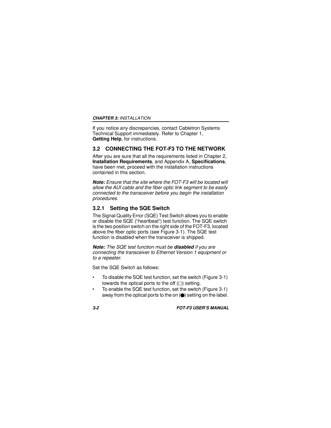 Cabletron Systems user manual Connecting the FOT-F3 to the Network, Setting the SQE Switch 