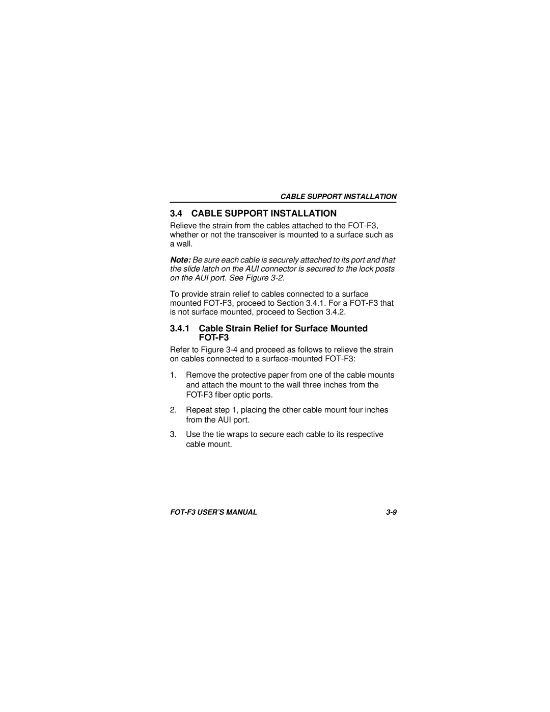 Cabletron Systems user manual Cable Support Installation, Cable Strain Relief for Surface Mounted FOT-F3 