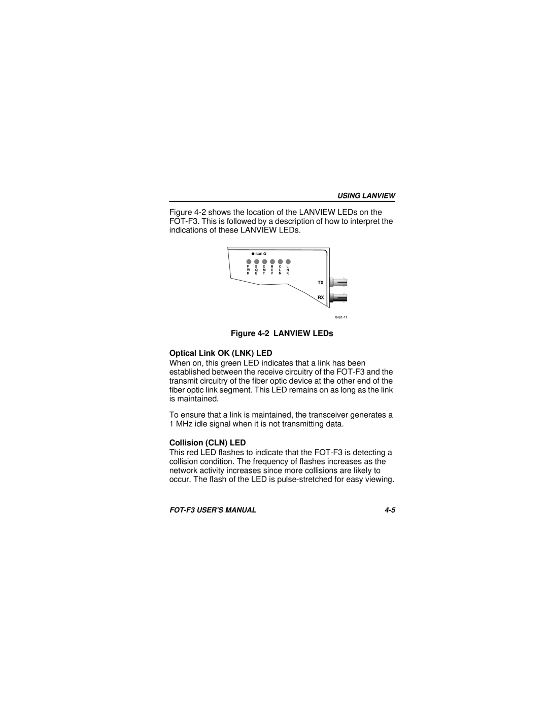 Cabletron Systems F3 user manual Lanview LEDs Optical Link OK LNK LED, Collision CLN LED 