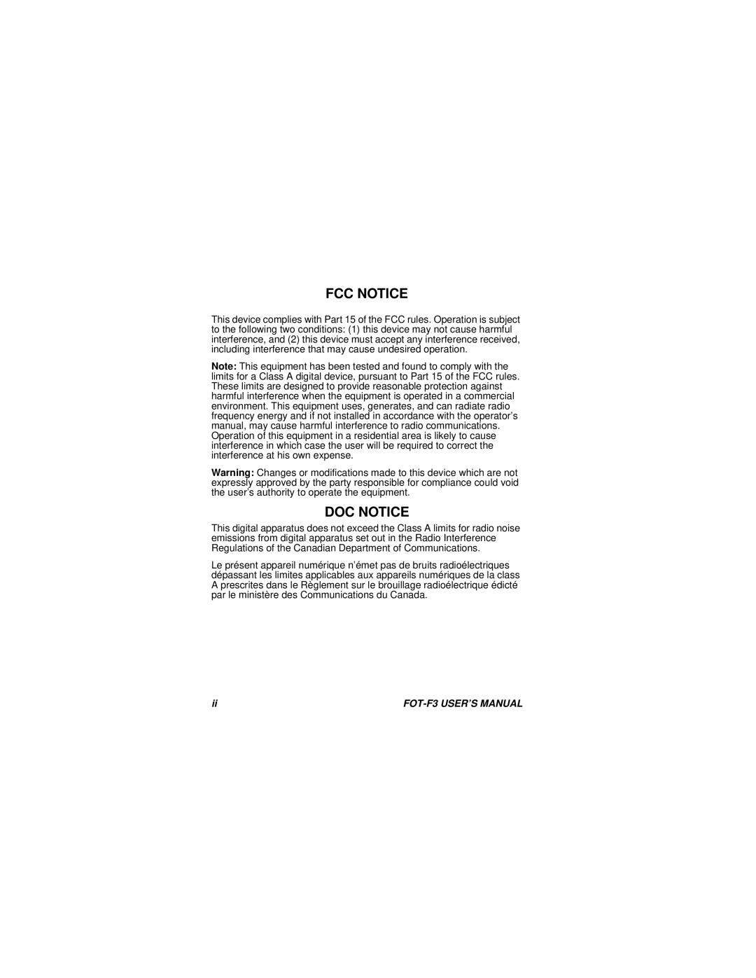 Cabletron Systems F3 user manual FCC Notice, DOC Notice 