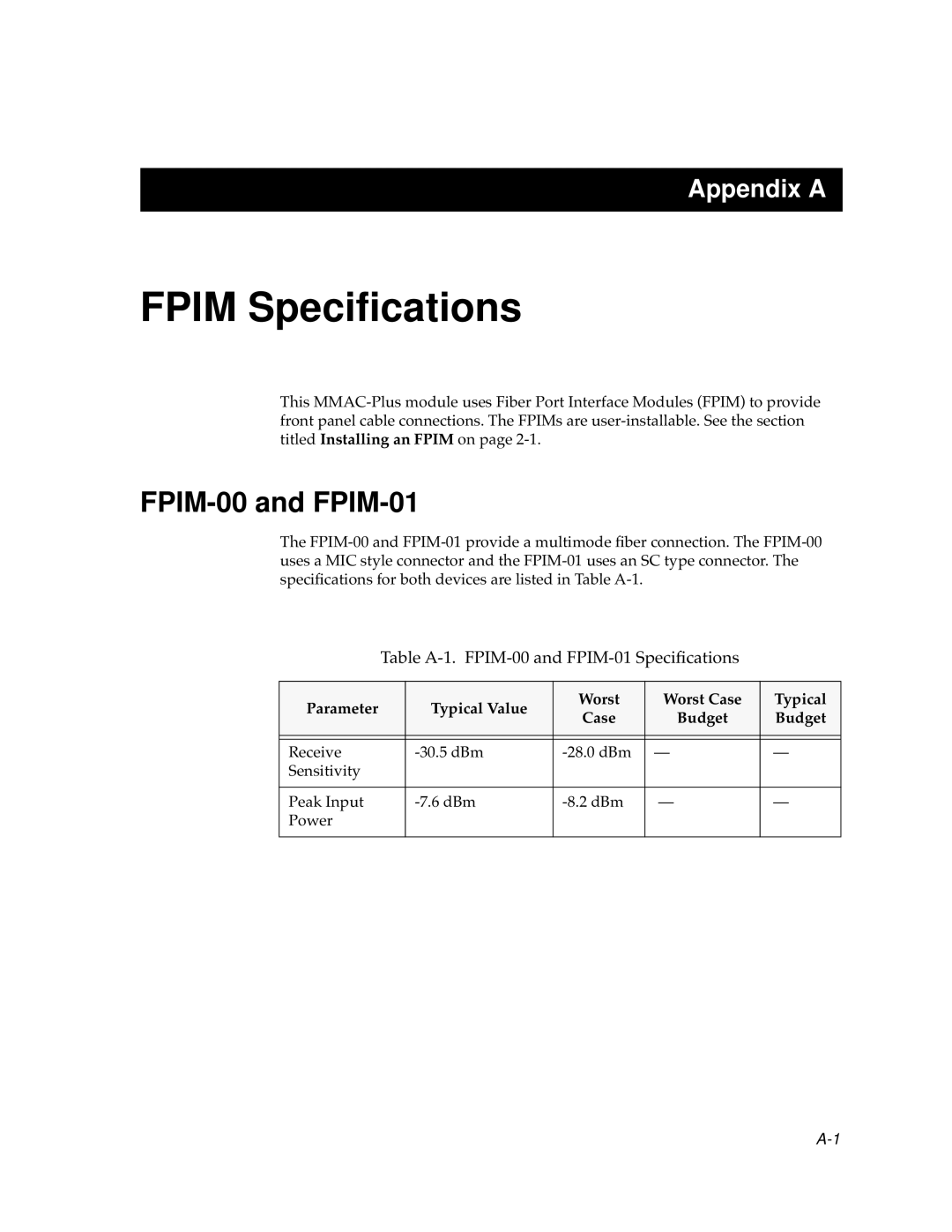 Cabletron Systems FDDI Repeater manual Fpim Speciﬁcations, Table A-1. FPIM-00 and FPIM-01 Speciﬁcations 