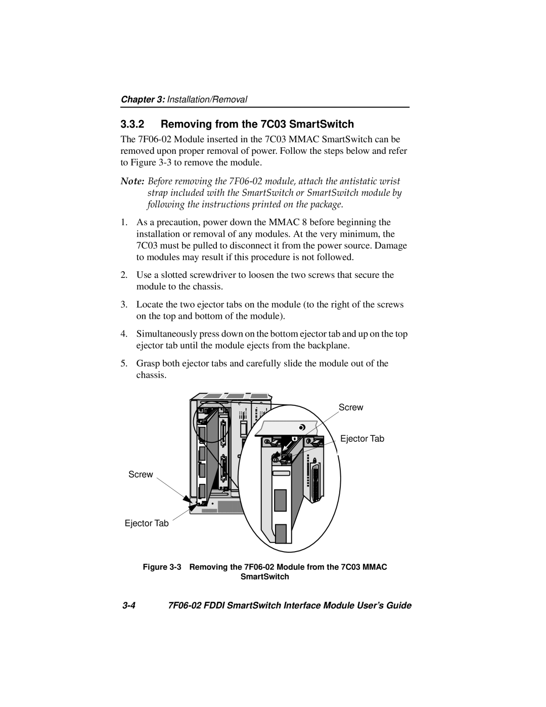 Cabletron Systems manual Removing from the 7C03 SmartSwitch, 3-4 7F06-02 FDDI SmartSwitch Interface Module User’s Guide 