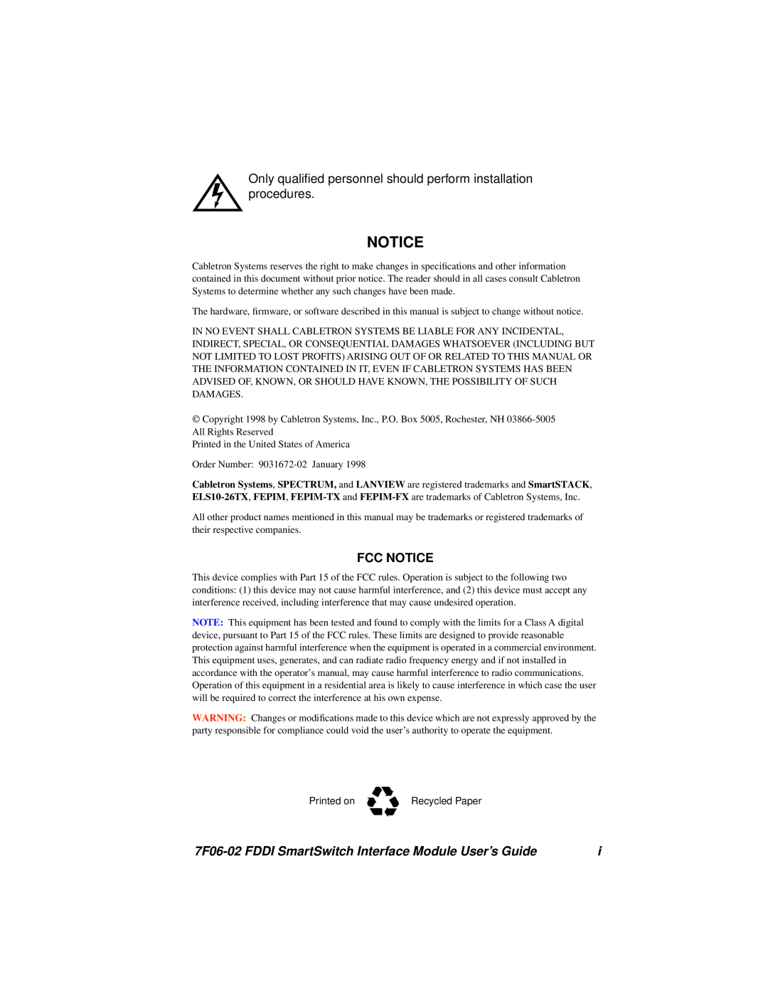 Cabletron Systems manual Fcc Notice, 7F06-02 FDDI SmartSwitch Interface Module User’s Guide 